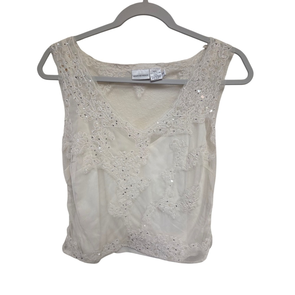 Vintage 90s Newport‎ News Embellished Sequined Tank Top Size 14 Ivory Sleeveless